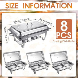 Buffet Chafer Set - 8 Pack 9QT Stainless Steel Rectangular Chafing Dishes, Foldable