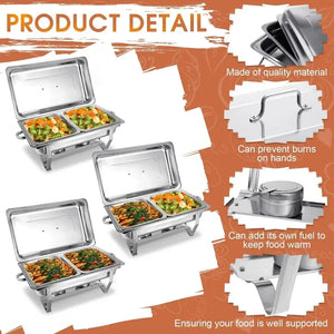 Buffet Chafer Set - 8 Pack 9QT Stainless Steel Rectangular Chafing Dishes, Foldable