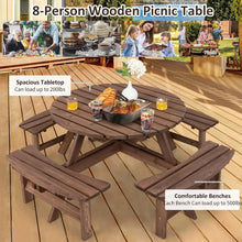 Load image into Gallery viewer, Spacious Outdoor Round Picnic Table, 8-Person Wood Table Set with 4 Built-In Benches, Umbrella Hole