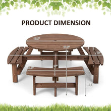 Load image into Gallery viewer, Spacious Outdoor Round Picnic Table, 8-Person Wood Table Set with 4 Built-In Benches, Umbrella Hole