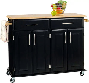 Black Kitchen Cart Storage 48.25 Inches Wide Rolling Utility Island Cabinet