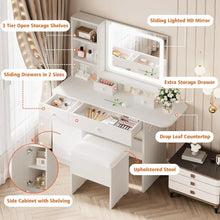 Load image into Gallery viewer, Stylish Bedroom Makeup Vanity Desk with LED Lighted Mirror, Power Outlet, Drawers, Cabinet, Storage Stool