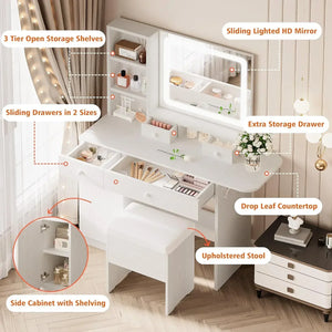 Stylish Bedroom Makeup Vanity Desk with LED Lighted Mirror, Power Outlet, Drawers, Cabinet, Storage Stool