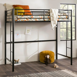 Twin Size Urban Industrial Metal Loft Bunk Bed, Black Frame