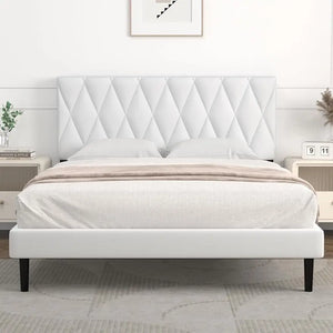 Strong Wooden Slats Queen Bed Frame, Upholstered Platform, Headboard