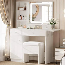 Load image into Gallery viewer, Stylish Bedroom Makeup Vanity Desk with LED Lighted Mirror, Power Outlet, Drawers, Cabinet, Storage Stool