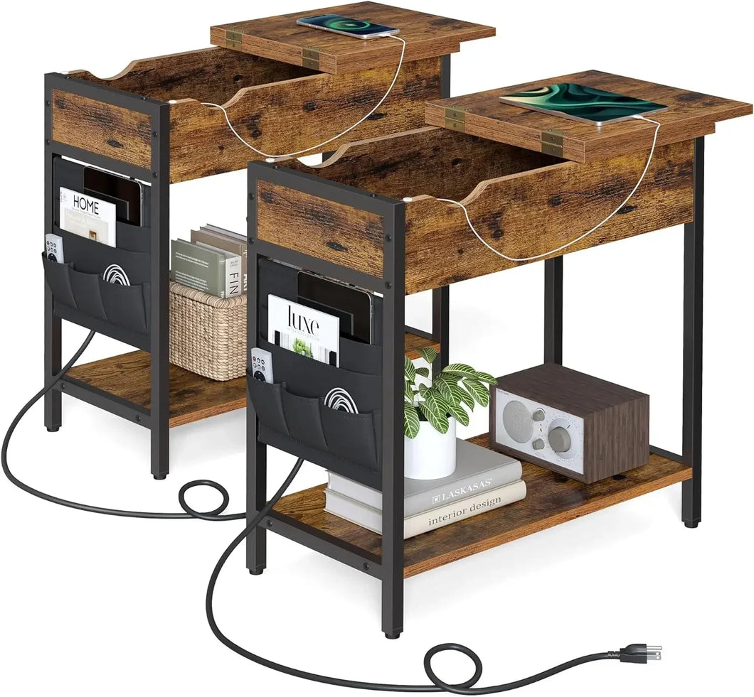 Modern Side Table with Storage & Fabric Bag - End Table Nightstand with USB Ports & Outlets