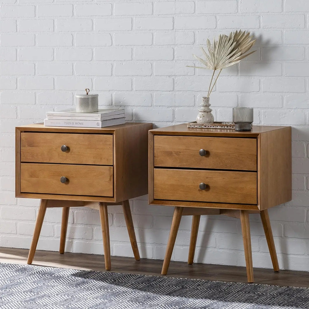 Mid-Century Modern 2-Piece 2-Drawer Solid Wood Nightstand Set | Caramel