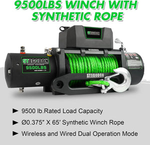 Electric Winch 9500lb 12V Waterproof Synthetic Rope, Wireless Remote