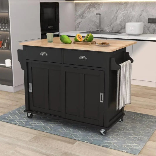 Rolling Kitchen Cart 52.2 Inch Rubber Wood Drop-Leaf Countertop Adjustable Height Barn Door