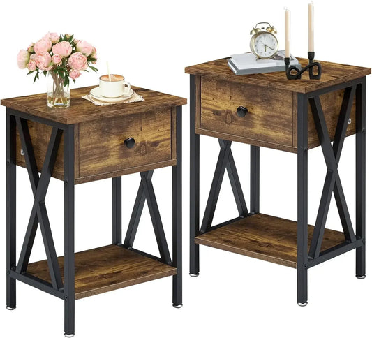 Modern Bedside End Tables Set of 2 Night Stands with Drawer and Storage Shelf, Living Room Bedroom