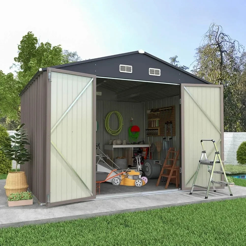 8x10FT Outdoor Metal Storage Shed - Large Garden Tool Shed, Sloping Roof, Doors