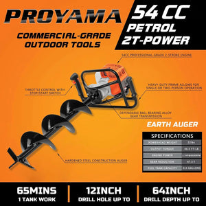 Gas Powered Post Hole Digger, 54cc Earth Auger, 2-Cycle, 5-Year Warranty