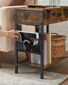 Modern Side Table with Storage & Fabric Bag - End Table Nightstand with USB Ports & Outlets