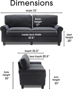 Modern Upholstered Fabric Sofa 73" Charcoal Pillowed Back Rounded Arms