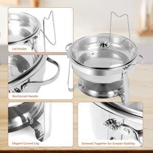 Round Chafing Dish Buffet Set, 6 Packs, 4 QT Stainless Steel Dishes with Glass Lid & Holder