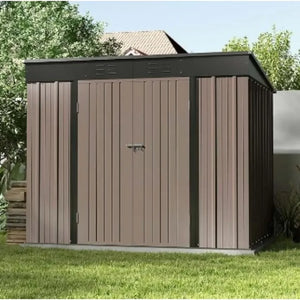 Outdoor 8x6 FT Metal Shed, Brown Tool Shed w/ Sloping Roof, Lockable Door, Backyard Garden