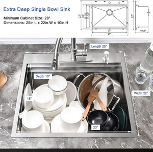 Stainless Steel Kitchen Sink 25 Inch Drop-In Workstation, Double Ledges