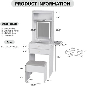 Makeup Vanity Table with 3 Adjustable Lighted Mirror and Storage Chair - Small Space Desk Set