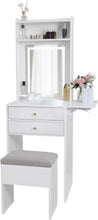 Load image into Gallery viewer, Makeup Vanity Table with 3 Adjustable Lighted Mirror and Storage Chair - Small Space Desk Set