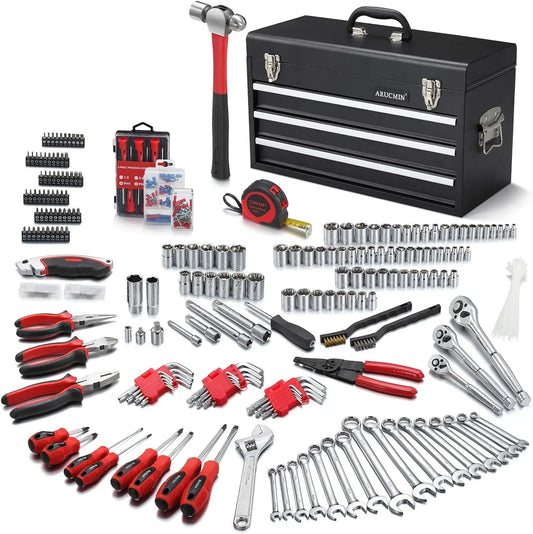 Massive 438-Pc Mechanics Tool Kit - 3-Drawer Metal Box, Comprehensive Repair Set