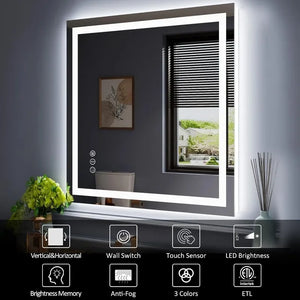 Bathroom LED Mirror 40"x38" - Front/Backlit, Dimmable, Anti-Fog, Shatter-Proof