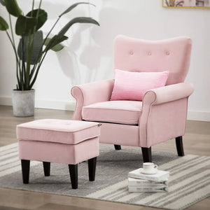 Tufted Pink Velvet Accent Chair w/ Ottoman - Comfy Single Sofa for Living Room, Office