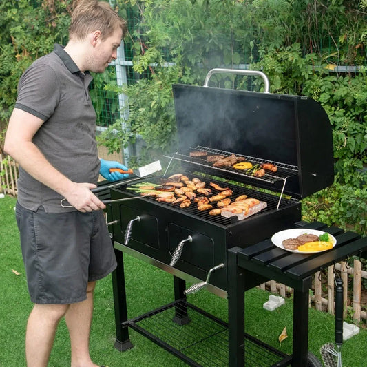 "Large BBQ Grill w/ 2 Lifting Charcoal Trays & Foldable Side Tables Outdoor Cook