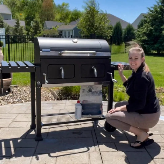 "Large BBQ Grill w/ 2 Lifting Charcoal Trays & Foldable Side Tables Outdoor Cook