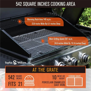 "Stainless Steel BBQ Grill w/ Side Burner & Porcelain Cast Iron Grates - Large Outdoor BBQ