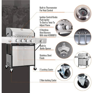 "Stainless Steel BBQ Grill with Side Burner & Porcelain Cast Iron Grates - Large Outdoor Garden Barbecue