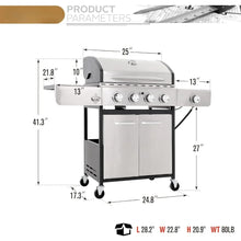 Load image into Gallery viewer, &quot;Stainless Steel BBQ Grill with Side Burner &amp; Porcelain Cast Iron Grates - Large Outdoor Garden Barbecue