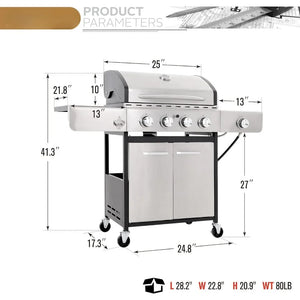 "Stainless Steel BBQ Grill with Side Burner & Porcelain Cast Iron Grates - Large Outdoor Garden Barbecue