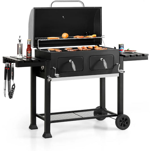 "Large BBQ Grill with Dual-Zone Adjustable Charcoal Tray & 2 Foldable Side Tables