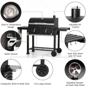 "Large BBQ Grill with Dual-Zone Adjustable Charcoal Tray & 2 Foldable Side Tables