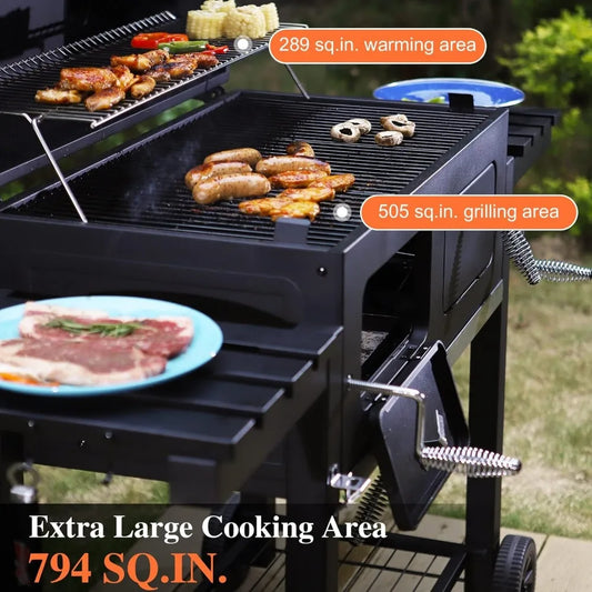 "Large BBQ Grill with Dual-Zone Adjustable Charcoal Tray & 2 Foldable Side Tables