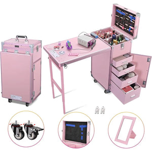 Portable Manicure Nail Table: Foldable Makeup Train Case, Desk Cosmetic Trolley, Travel Storage