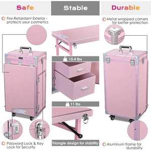 Portable Manicure Nail Table: Foldable Makeup Train Case, Desk Cosmetic Trolley, Travel Storage