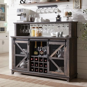 Bar Cabinet with LED Lights & Sliding Barn Door Rack - Home Liquor Display