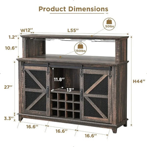 Bar Cabinet with LED Lights & Sliding Barn Door Rack - Home Liquor Display