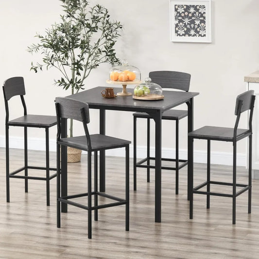 "Industrial Bar Table Set for 4 - Square Kitchen Table & Chairs with Footstool