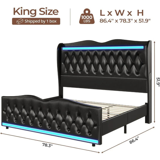 "King Bed Frame with LED Lights & Charging Station | High Headboard Platform Frame