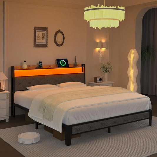 "Modern Platform Bed Frame with RGB Lights, Ergonomic Headboard, Sockets & Chargers