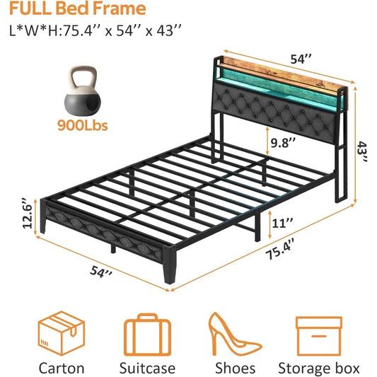 "Modern Platform Bed Frame with RGB Lights, Ergonomic Headboard, Sockets & Chargers