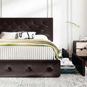 "Queen Upholstered Platform Bed Frame w/ 4 Storage Drawers & Adjustable Headboard