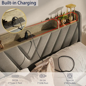 "Queen Bed Frame with Headboard & Storage Drawers, USB Charging, No Box Spring