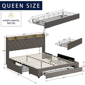 "Queen Bed Frame with Headboard & Storage Drawers, USB Charging, No Box Spring