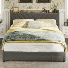 Load image into Gallery viewer, &quot;Queen Bed Frame with Headboard &amp; Storage Drawers, USB Charging, No Box Spring