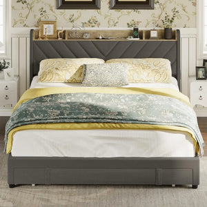 "Queen Bed Frame with Headboard & Storage Drawers, USB Charging, No Box Spring