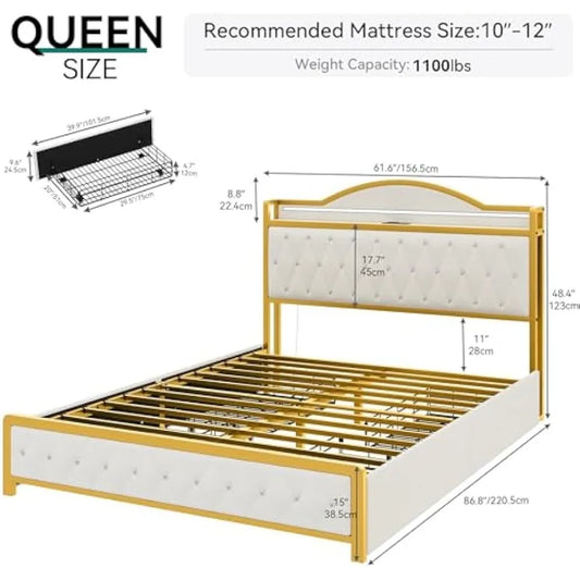 "Queen Bed Frame with LED Lights & Charging Station, 4 Storage Drawers, No Spring
